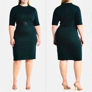 Elegant Green Mock Neck Belted Dress